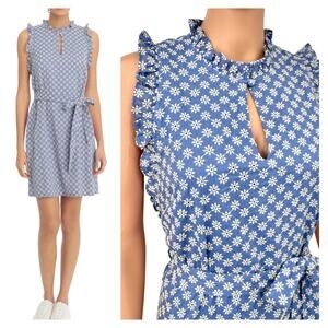 NWT London Times Chambray Daisy Eyelet Ruffle Shift Dress Size 10 Blue Ivory